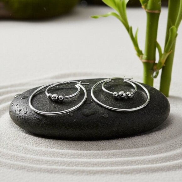 Minimalist Elegant Silver Beaded Stainless Steel Hoop Earrings β 1.4" Diameter - Picture 10 of 13